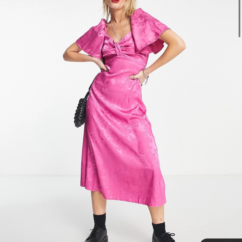 Flounce London satin flutter sleeve midi dress in hot pink jacquard